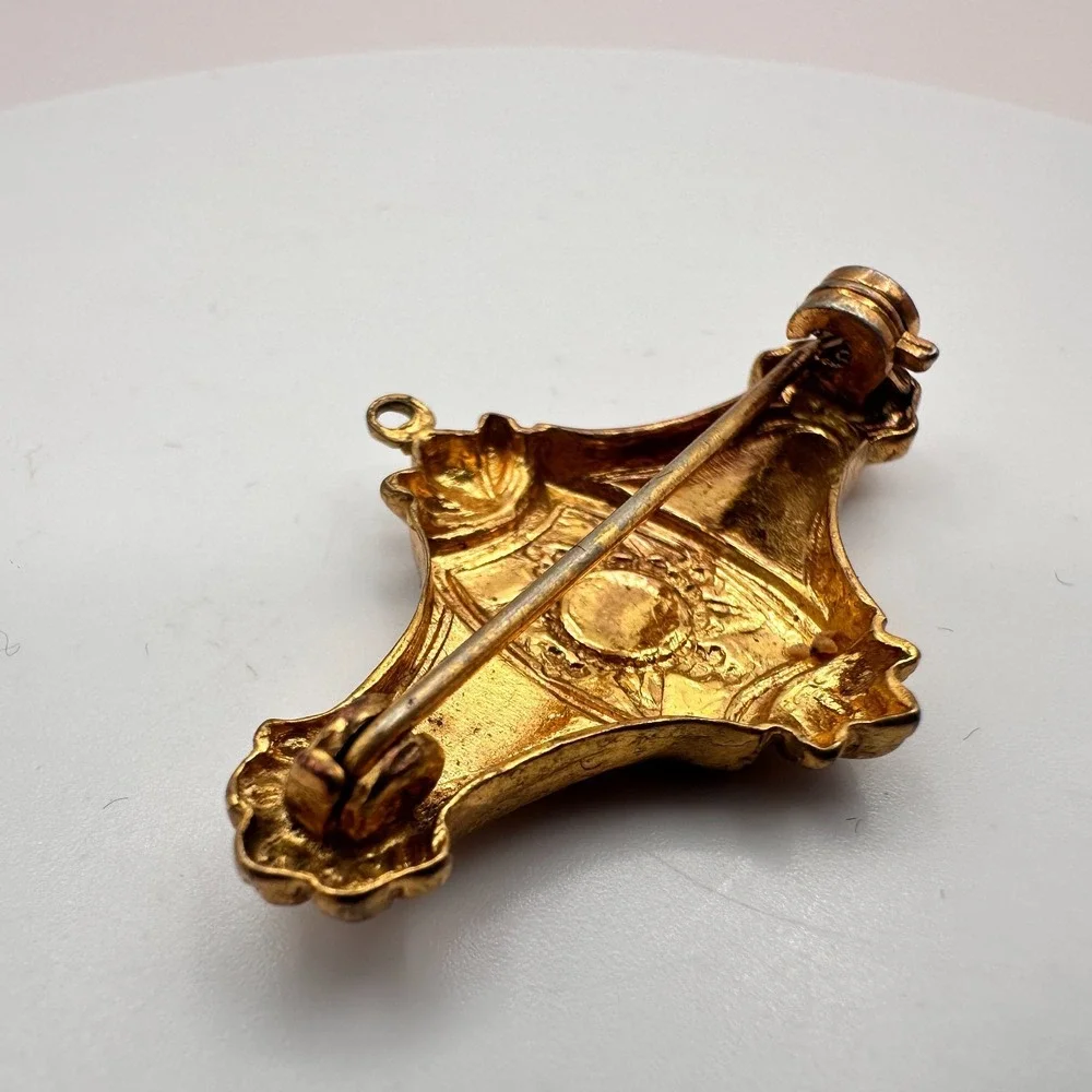 Vintage 80s Gold Tone Ornate Geometric Bar‎ Brooch Pin Victorian Revival Jewelry